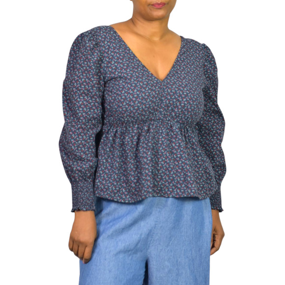 Madewell Tie Back Peplum Top Blue Daisies Floral Ditsy Micro Print Blouse Small - Picture 11 of 16